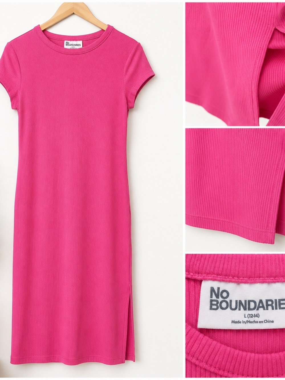 No Boundaries Girls Hot Pink Ribbed Short Sleeve Dress